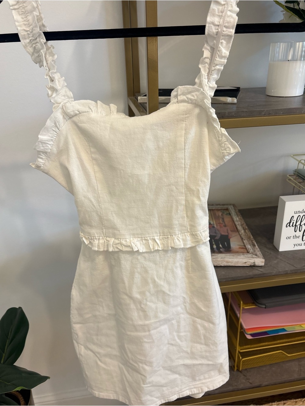 Women’s Ruffled Strap Linen Mini Dress - White - Picture 2 of 3